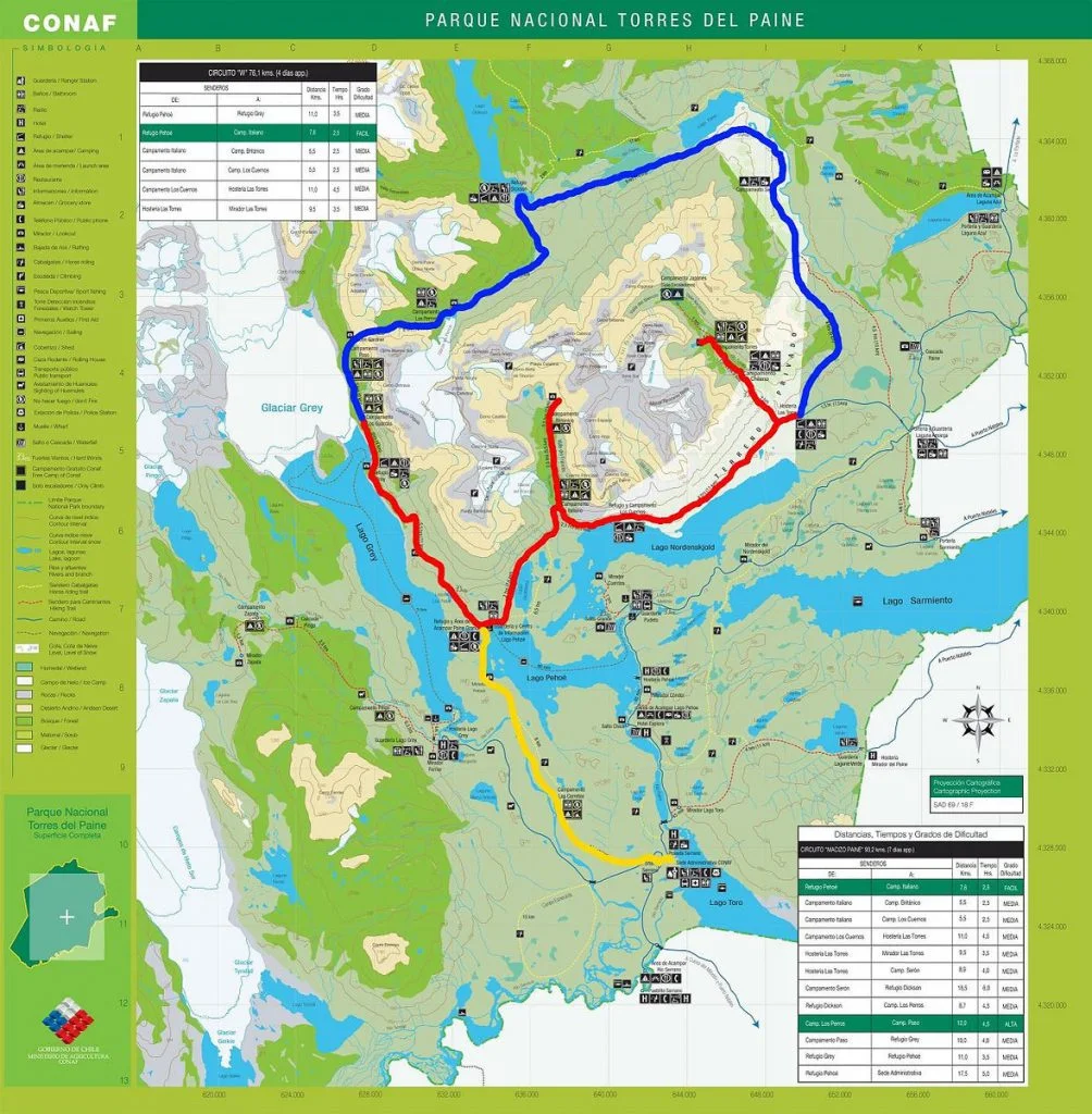 Torres del Paine trekking routes W, O and Q